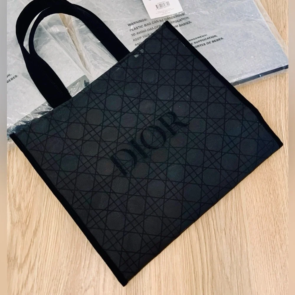 Christian Dior Beauty Parfums Makeup Black Velvet Mesh Large Tote Bag